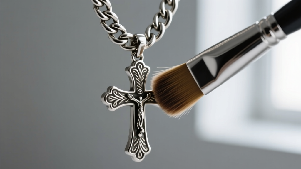 Close-up of a soft brush gently scrubbing the intricate links of a thick silver Cuban chain attached to a large cross pendant