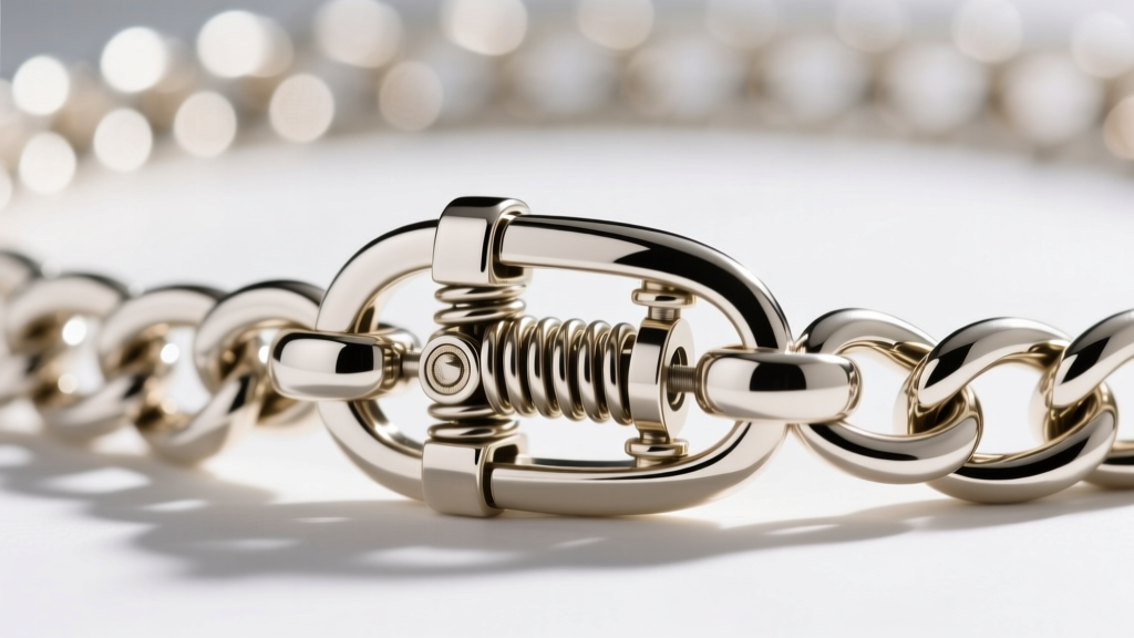 Macro shot of a lobster clasp on a 16-inch white gold cable chain, revealing the internal spring mechanism and soldered jump rings