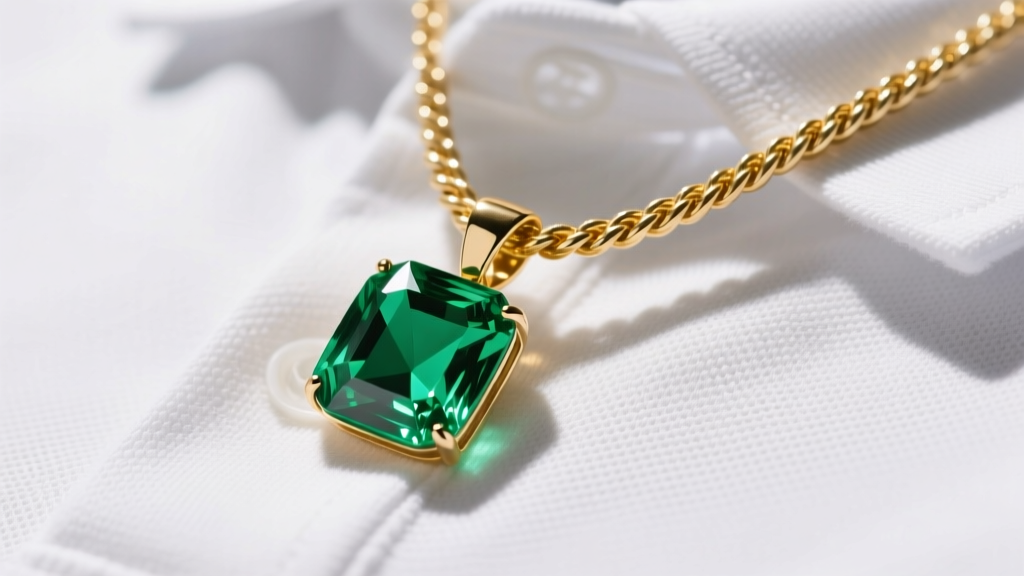 Close-up of a 20-carat emerald pendant on a thick 18k gold rope chain resting against a white tennis polo in bright sunlight.