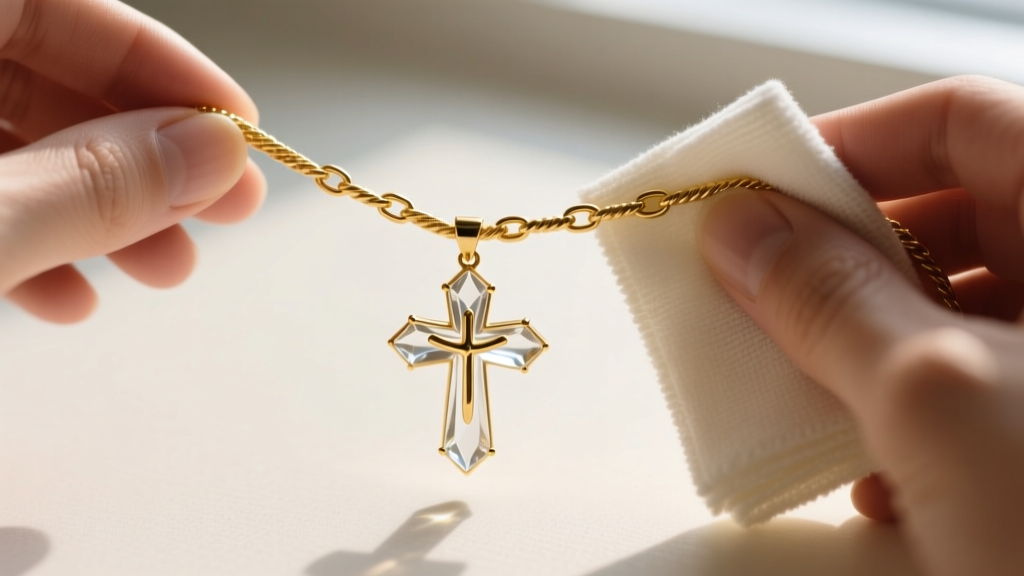 Hands wiping a gold-filled cable chain with a microfiber cloth, carefully avoiding the delicate glass mustard seed cross pendant