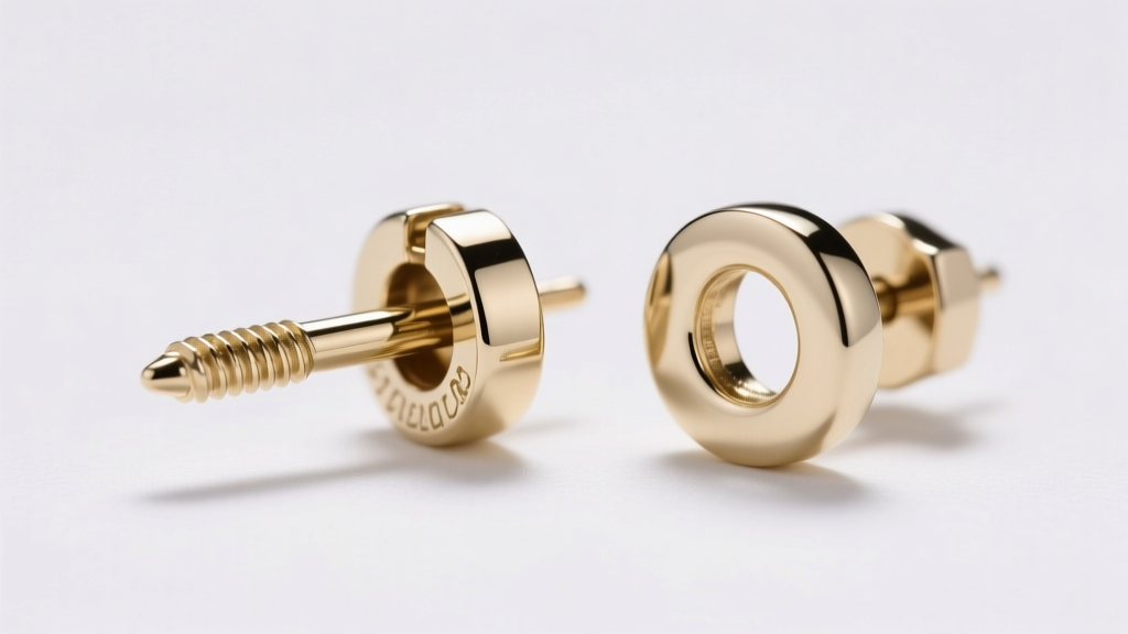 Close-up of a 20-gauge 14k white gold screw back next to a friction back, lit by soft studio lighting on a clean white backdrop