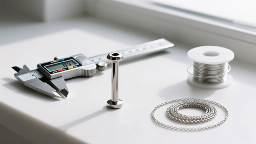 Flat lay of a 14-gauge titanium surface barbell next to a measuring caliper and a spool of delicate silver body chain