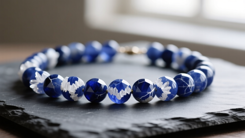 Macro shot of a high-grade sodalite bead necklace with deep royal blue stones and white calcite veining resting on dark slate