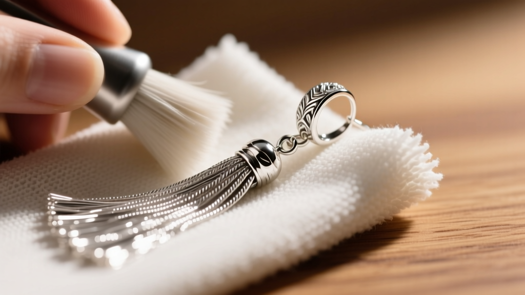Close-up of a microfiber cloth polishing a long sterling silver tassel earring, revealing a high-shine finish against blurred wood