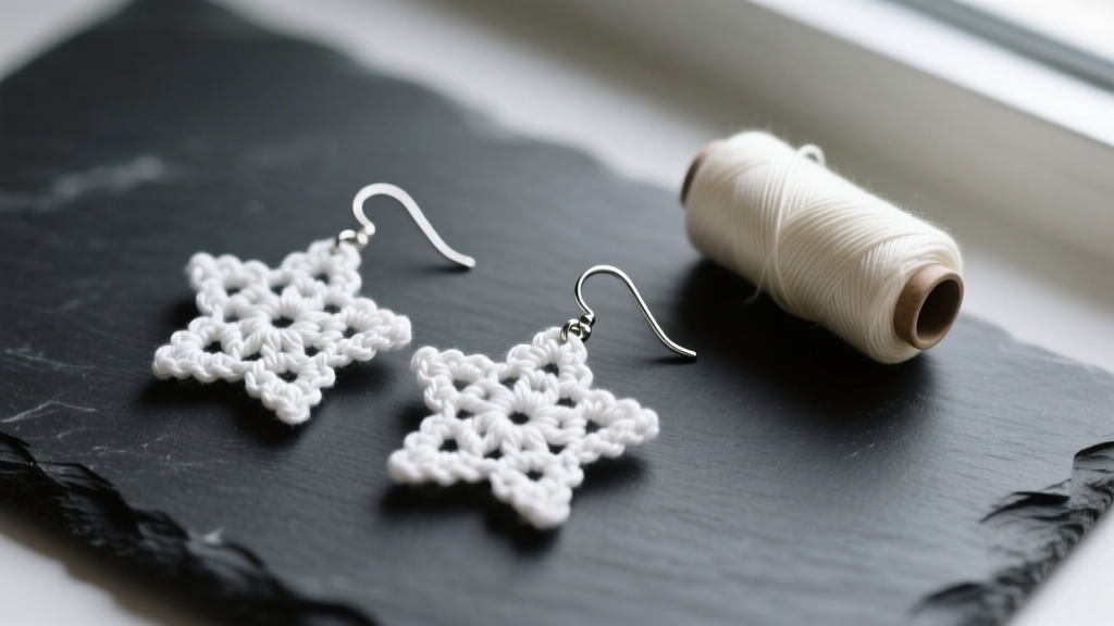 Close-up of white mercerized cotton crochet star earrings on dark slate next to a 1.75mm steel hook and a spool of thread.