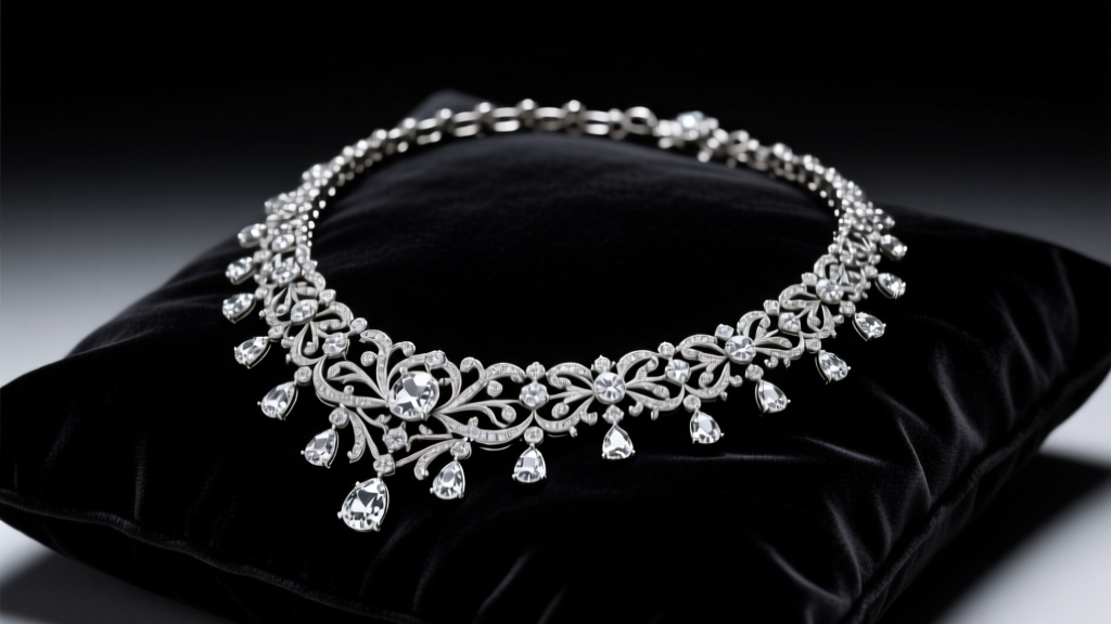 Antique 19th-century silver-set diamond rivière necklace on dark velvet, illuminated by dramatic chiaroscuro studio lighting.