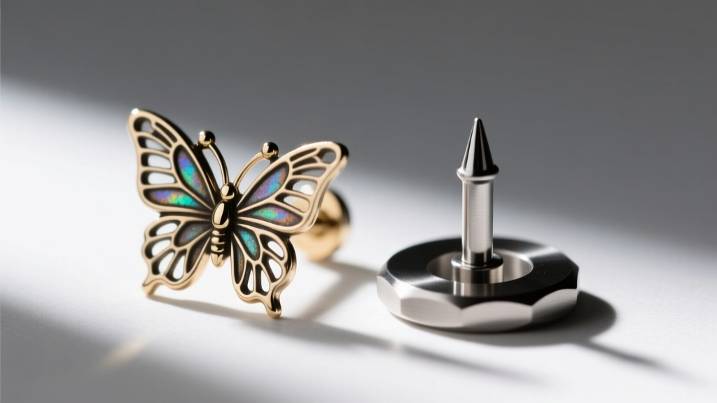 Macro shot comparing a traditional butterfly earring back with a flat titanium washer back on a 16-gauge labret post.