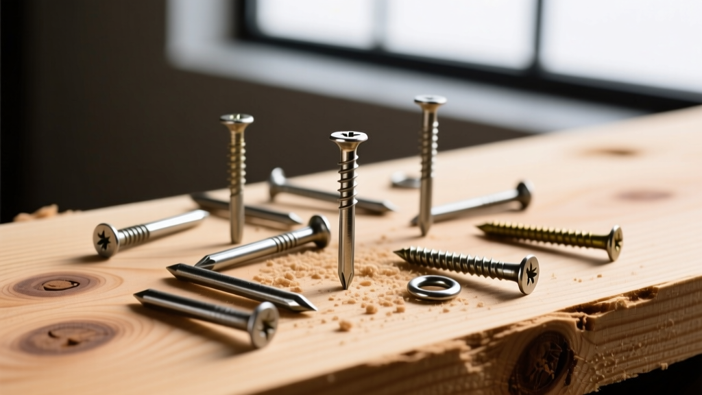 Close-up of various steel framing nails, hot-dipped galvanized finishing nails, and ring shank nails scattered on raw pine lumber