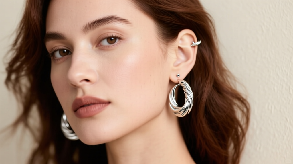 Woman wearing 30mm twisted sterling silver hoops in earlobes and a small twisted huggie in her upper helix cartilage ear piercing.