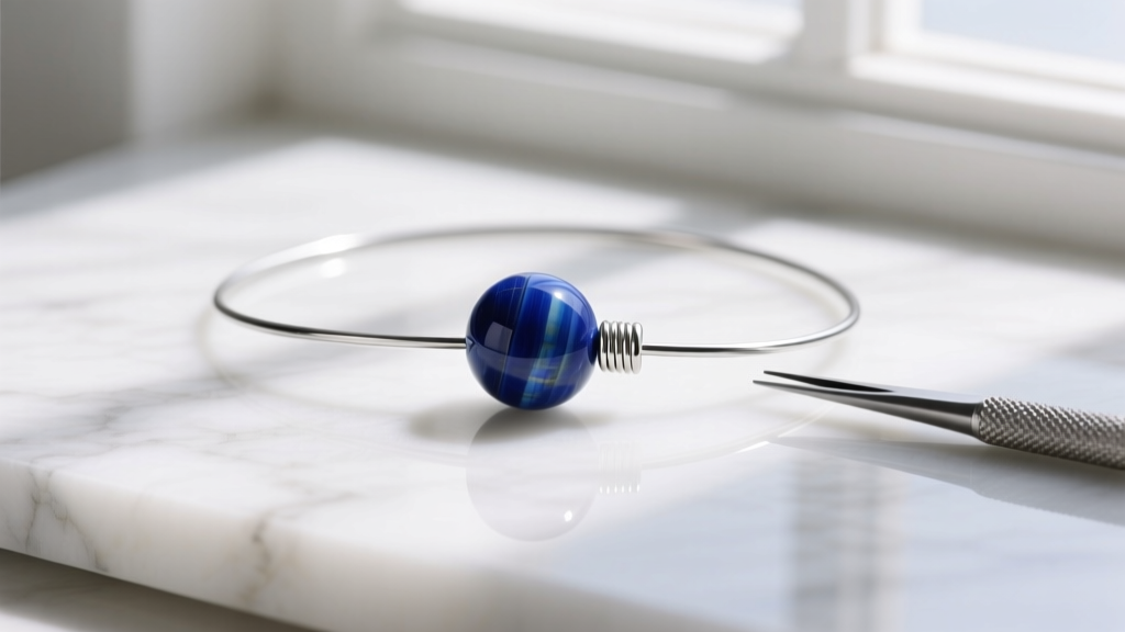 Top view of jewelry tools showing steel wire threaded through a round lapis lazuli bead and a small silver crimp tube.