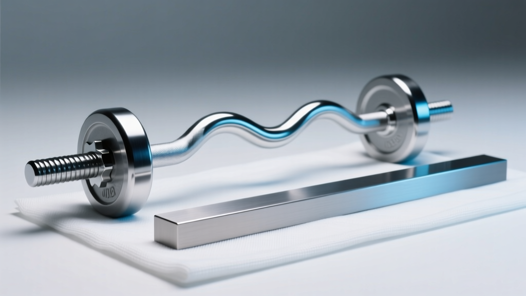Side profile of a curved barbell and a flat titanium surface bar resting on sterile gauze under bright clinical studio lighting.