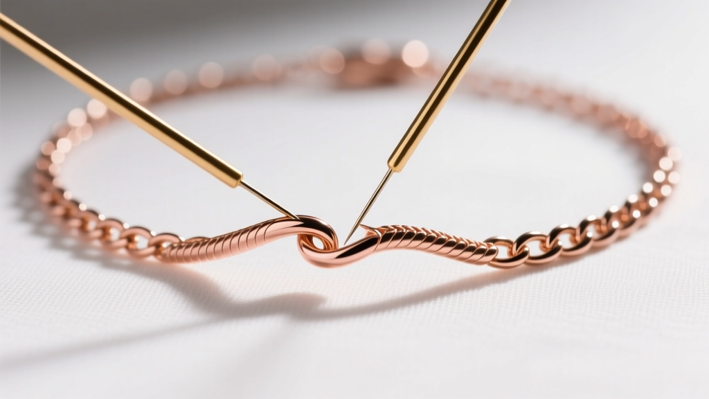 Two fine needles separating a kink in a rose gold serpentine necklace resting on a clean white microfiber cloth surface.