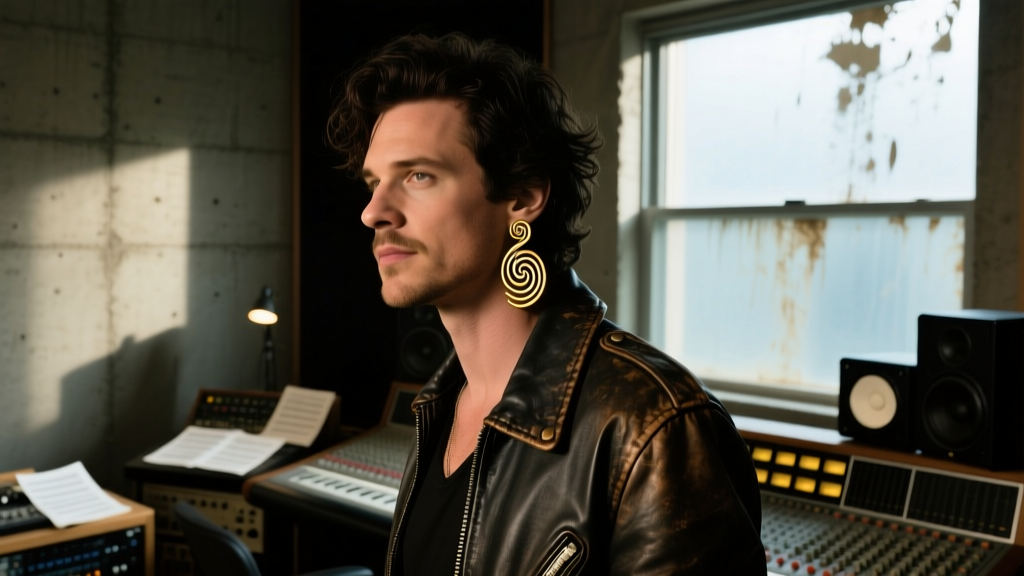 Musician wearing 18-gauge gold drop earrings with soundwave engravings, standing in a dimly lit, moody recording studio space.