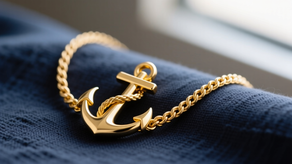 Close-up of a 14k yellow gold anchor necklace on navy linen, highlighting the rope chain and polished flukes in soft natural light.