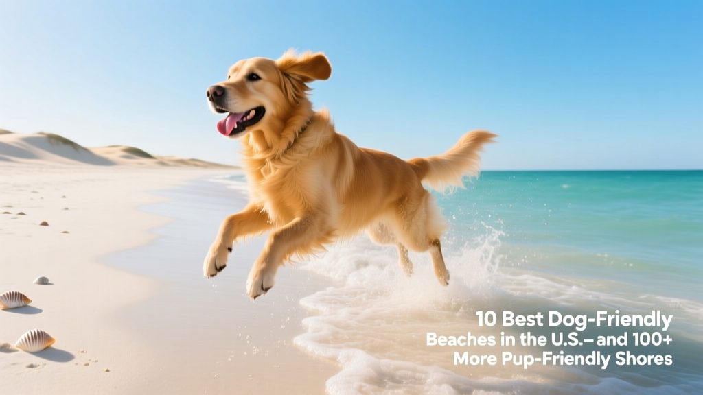 A golden retriever splashing happily in gentle waves at a wide, sunny beach with soft white sand and clear blue water