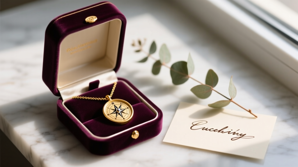 Open velvet jewelry box revealing a solid 14k gold compass coin necklace with a handwritten note and a sprig of dried eucalyptus.