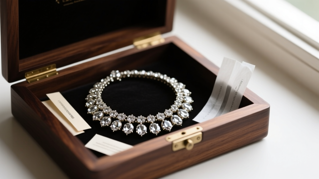 Anti-tarnish strips and acid-free tissue surrounding a coiled vintage rhinestone necklace inside a dark wooden jewelry box.