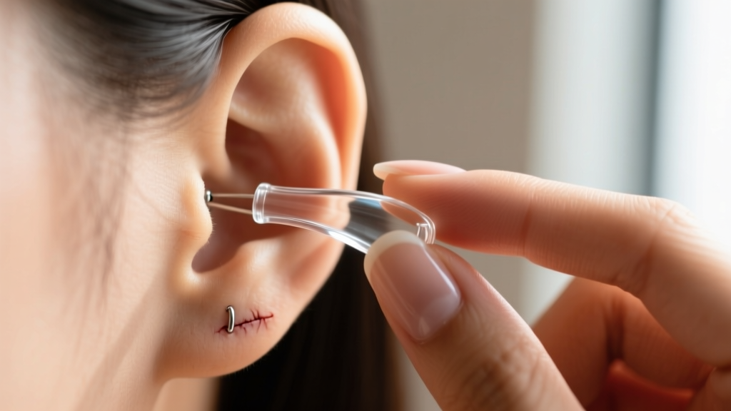 Clear glass ear retainer gently inserted into a healed earlobe piercing by clean fingers, soft natural light, sharp macro focus.