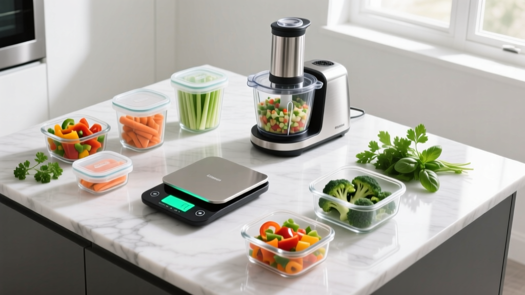 Top-down view of kitchen island with digital food scale, glass meal prep containers, and food processor surrounded by chopped vegetables