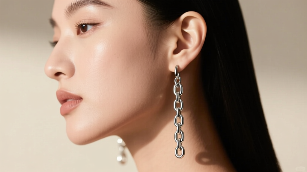 Side profile of a model wearing long silver mariner chain dangle earrings showing the drape and weight distribution on the earlobe