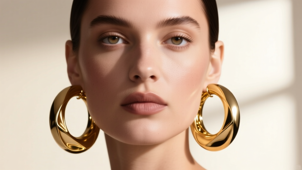 Close-up of model wearing 80mm hollow gold giant hoop earrings, soft studio light highlighting the polished metal texture.