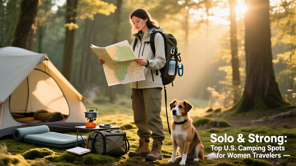 Solo female traveler checking her map and gear beside a compact, well-organized campsite