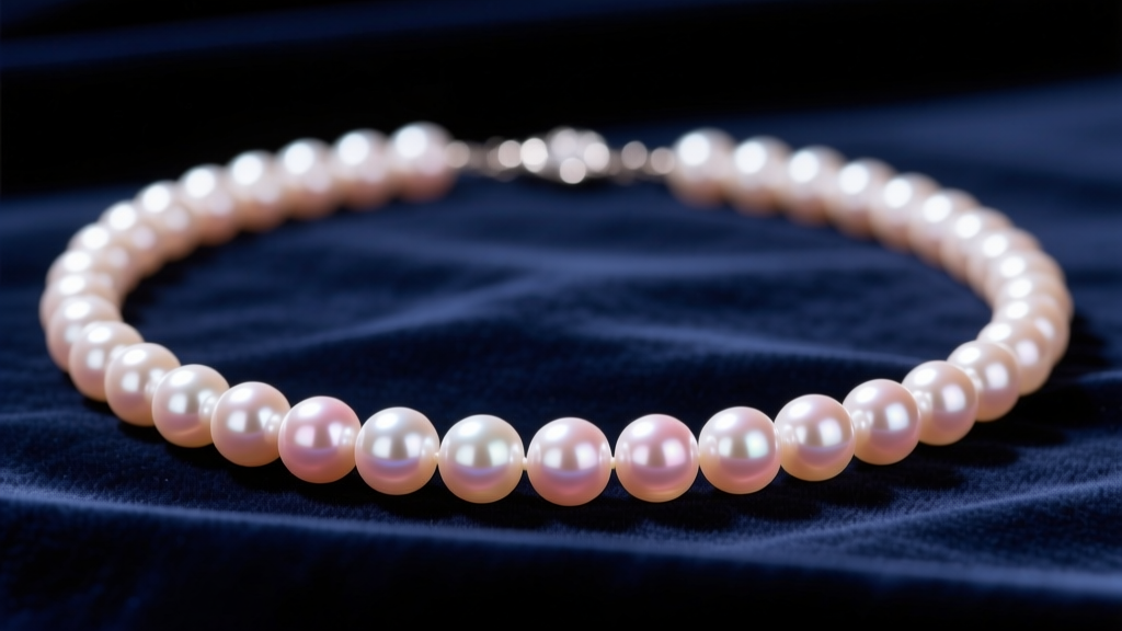 Close-up of an 18-inch Akoya pearl necklace on dark navy velvet, highlighting the sharp luster and rose overtones of the nacre