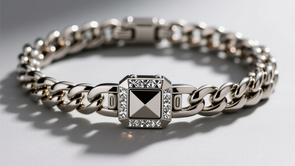 Detailed view of an 8mm Miami Cuban link chain with a diamond-cut box clasp and safety figures on a neutral grey background.
