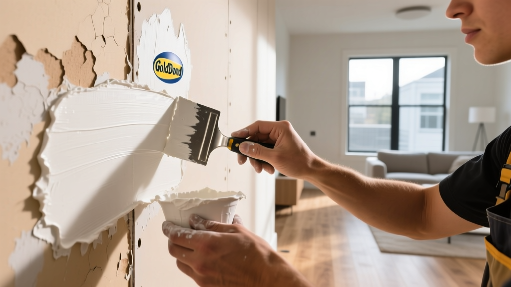 Contractor repairing water-stained Gold Bond XP gypsum board wall with a putty knife and joint compound in a modern home.
