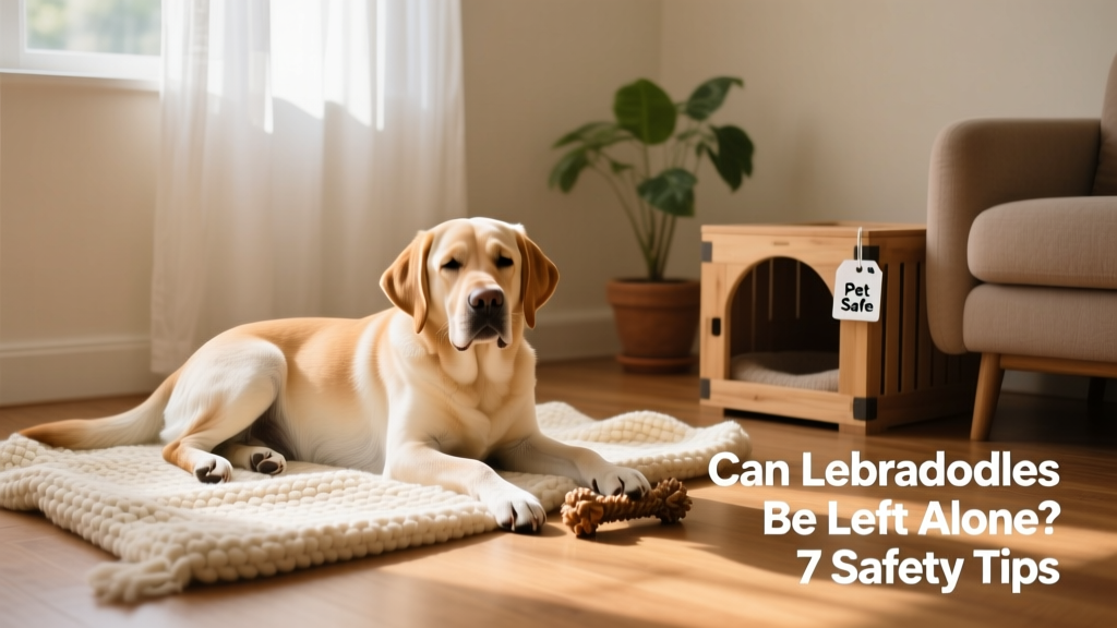 A calm, well-rested Labradoodle resting comfortably in a cozy indoor space with soft bedding and a chew toy nearby