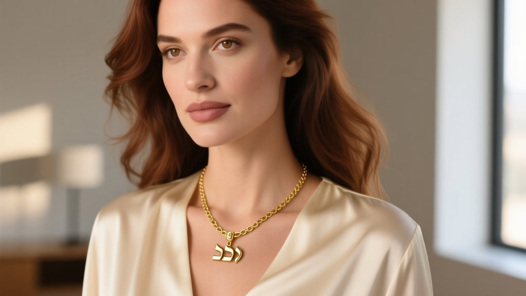 Close-up of a woman wearing a delicate 14k gold Shema pendant necklace over a cream silk blouse, highlighting the chain clasp