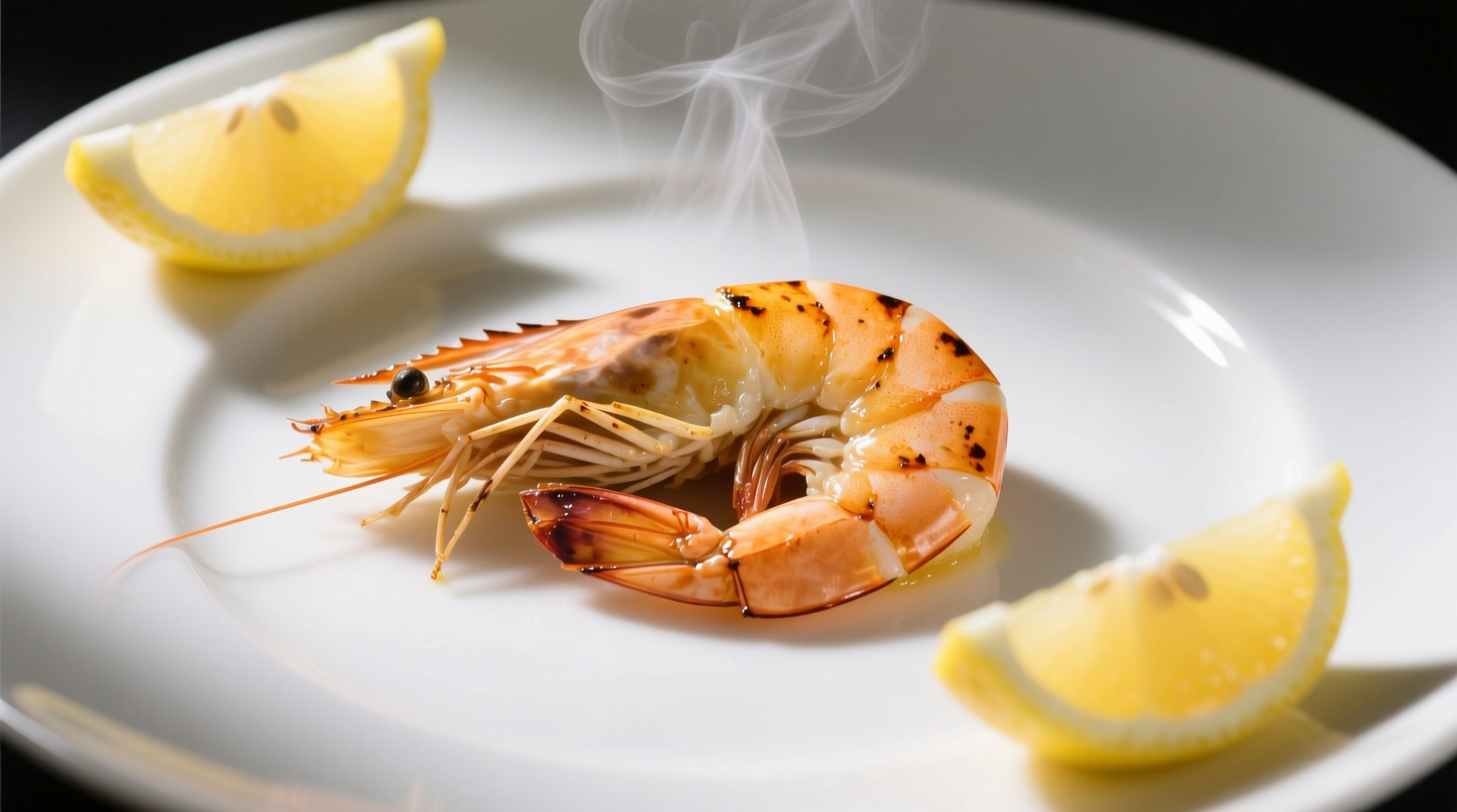 Perfectly cooked shrimp on white plate with lemon wedges