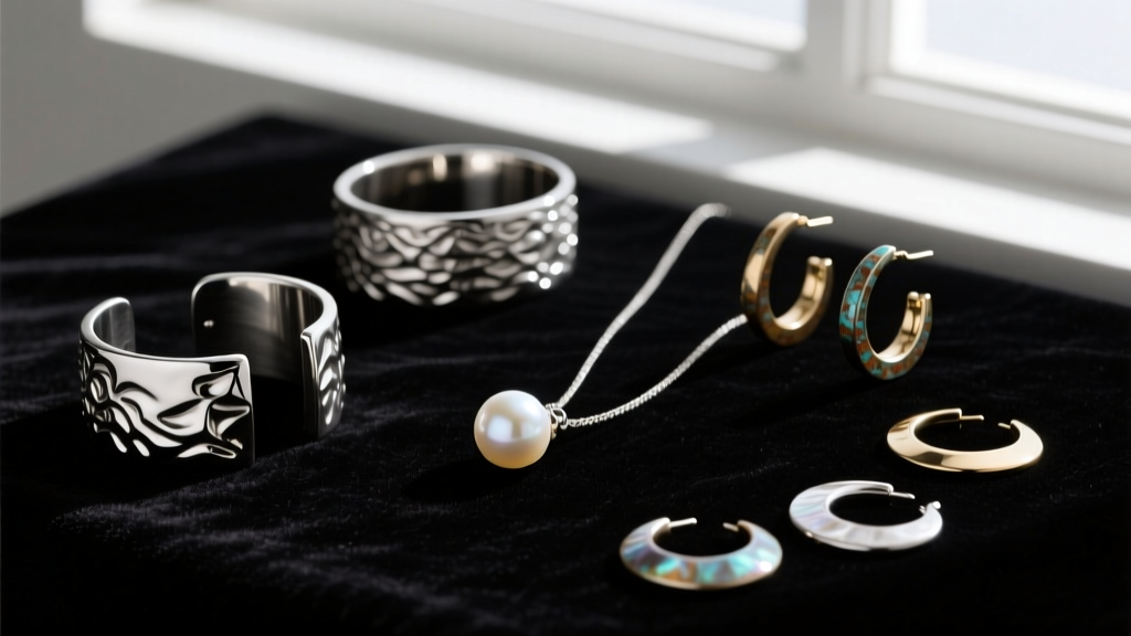 Flat lay of mens jewelry including heavy sterling silver cuffs, mismatched hoops, and a single baroque pearl drop on dark velvet