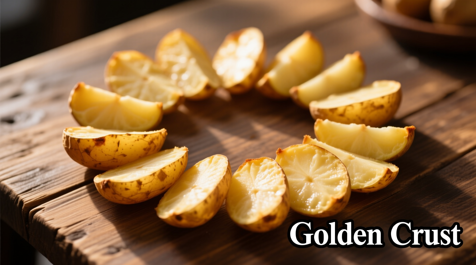 Golden baked potato slices arranged in circular pattern