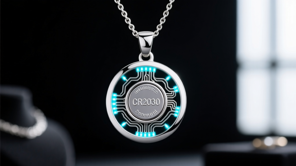 Macro shot of a silver pendant necklace with exposed micro-LED wiring and a CR2032 battery on a dark jeweler