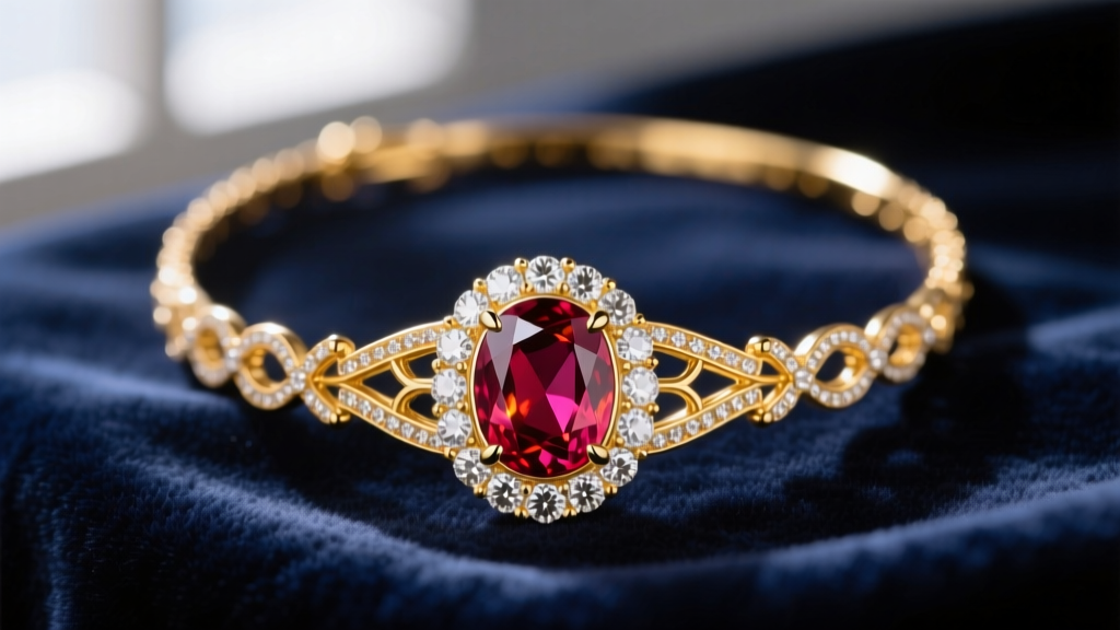 Elegant 18k yellow gold necklace featuring a 3-carat oval ruby surrounded by a diamond halo, resting on dark navy velvet backdrop