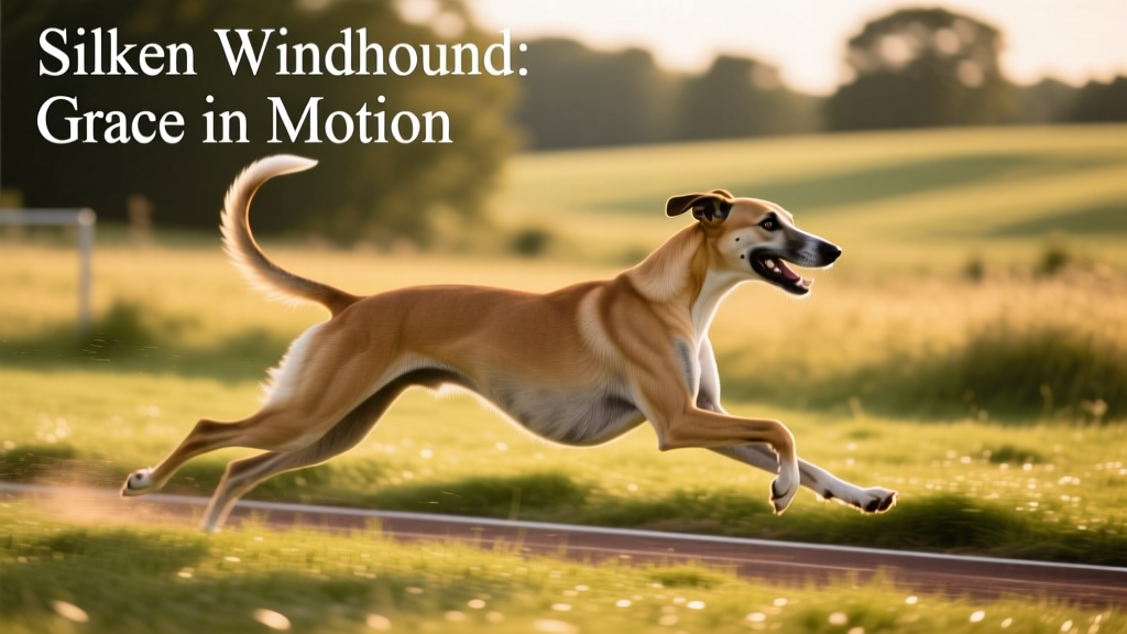 A joyful Silken Windhound mid-stride on a grassy track during a gentle lure coursing session, tail high and muscles defined