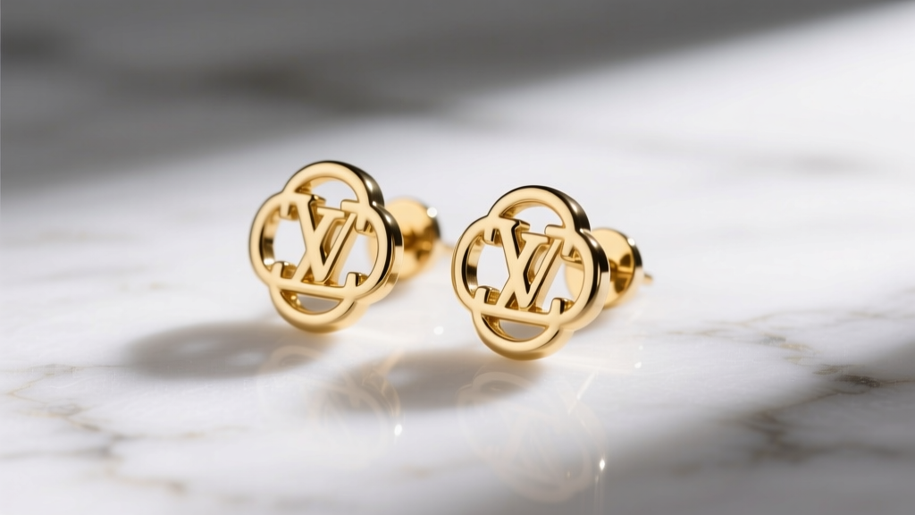Close-up of gold-plated brass designer stud earrings featuring an interlocking monogram logo resting on a white marble surface.