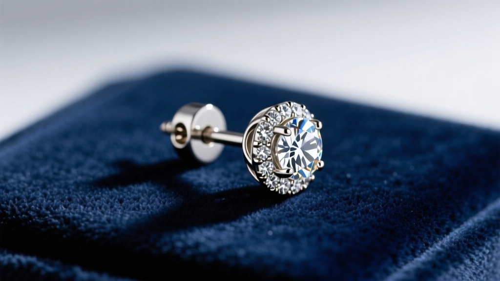 Side profile of a 5mm diamond basket setting earring with a secure screw back, showing post thickness and backing on a velvet pad.