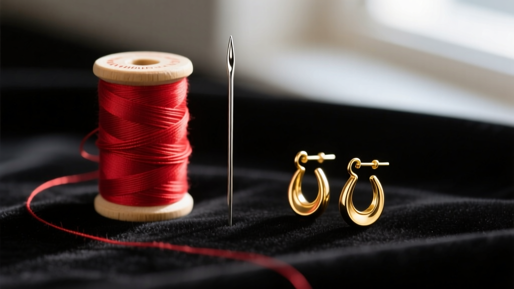 Macro shot of size 10 English beading needles, 6lb WildFire thread, and gold leverback earring findings on dark velvet