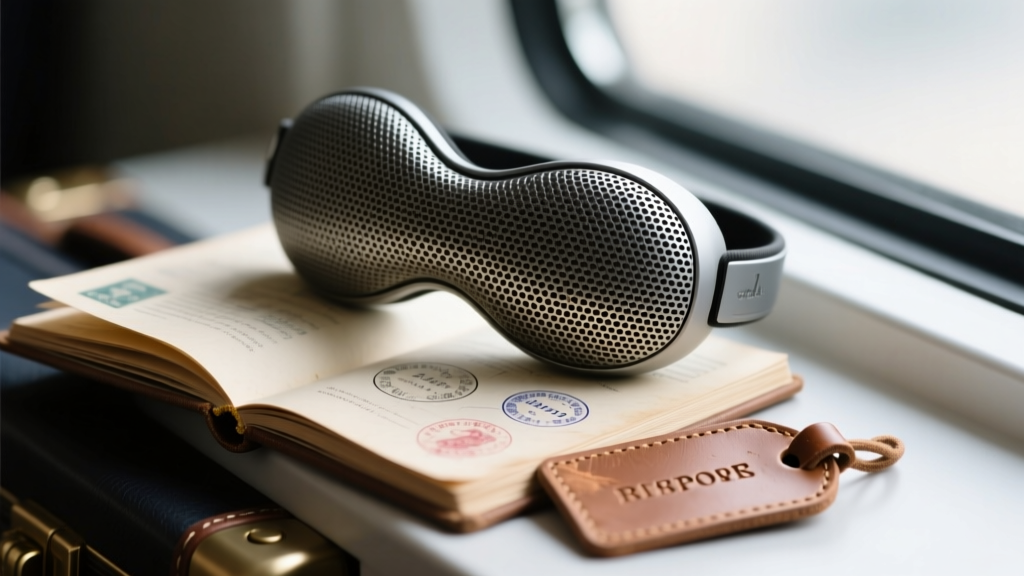 Macro shot of a travel sound masker speaker grille with acoustic mesh resting on an open passport and a leather luggage tag.