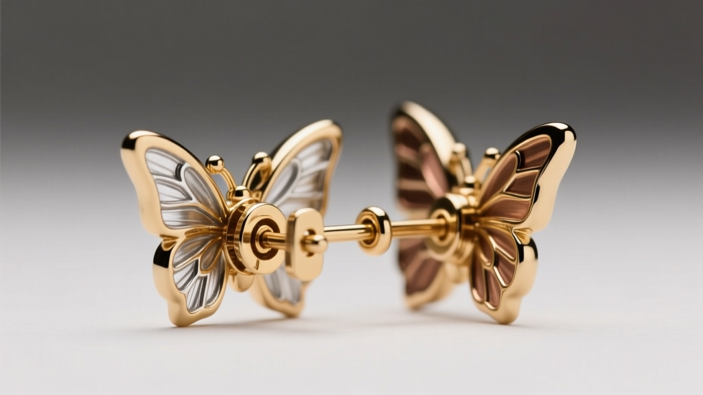 Close-up of a la-clique earring backing and a standard butterfly push-back, illuminated by soft directional studio lighting.
