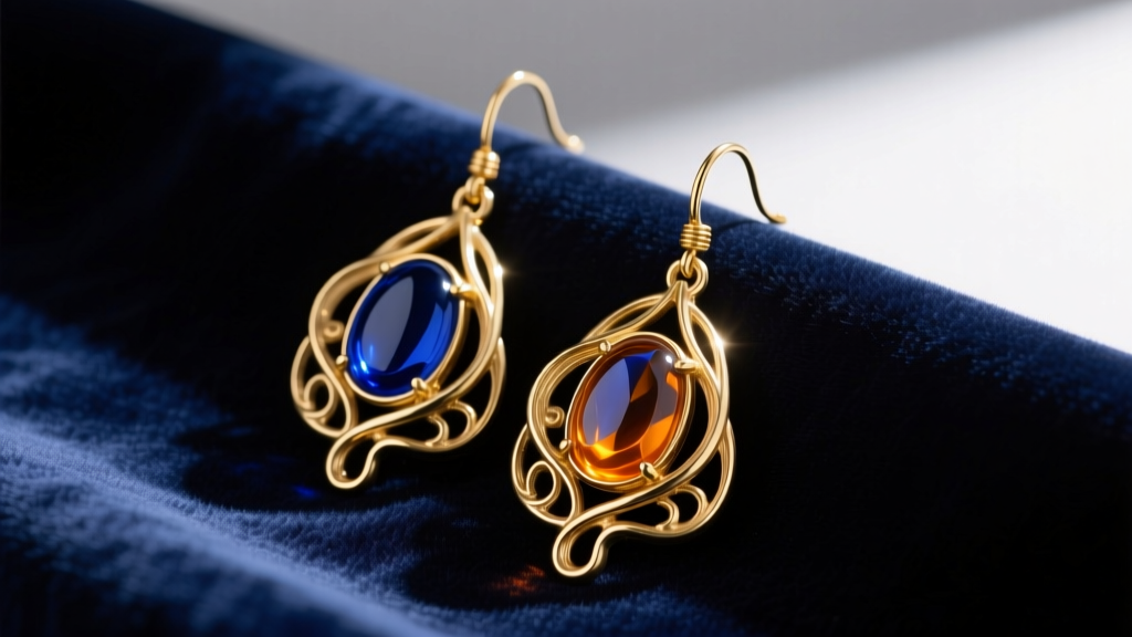 Vintage 1980s Dominique Aurientis gold-plated brass drop earrings with poured glass cabochons resting on dark navy velvet fabric.
