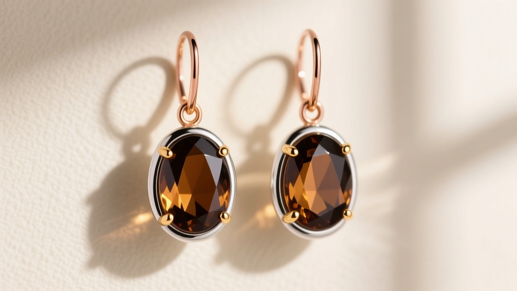 Side-by-side smoky topaz drop earrings set in polished sterling silver and warm 18k rose gold against a soft cream background