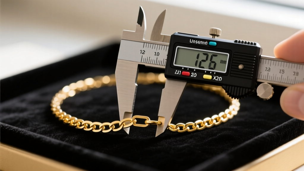Close-up of digital calipers measuring the delicate 1.2mm rolo chain links of a gold necklace on a dark velvet jeweler's mat.