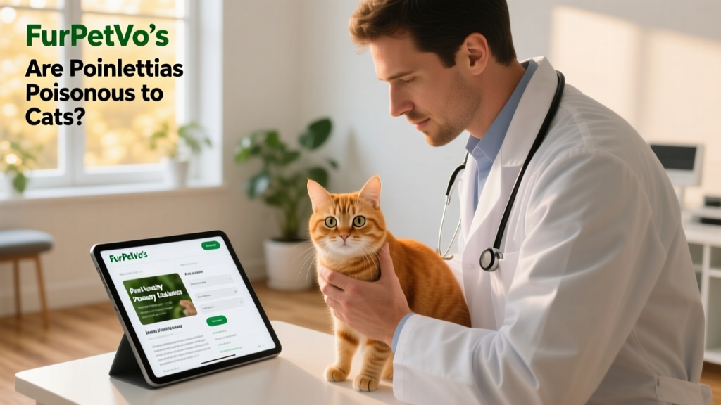 A veterinarian examining a cat while referencing a tablet showing FurPetVo's plant toxicity database