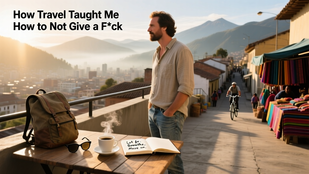 Mark Manson looking over a city in South America on a bright sunny day