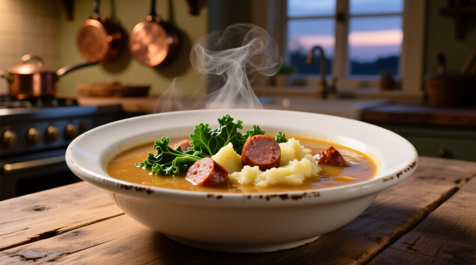 Potato sausage soup with kale in white bowl