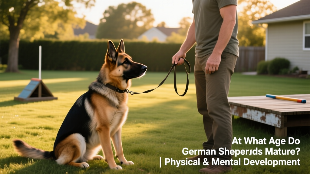 Adult German Shepherd sitting attentively beside owner during a calm outdoor training session