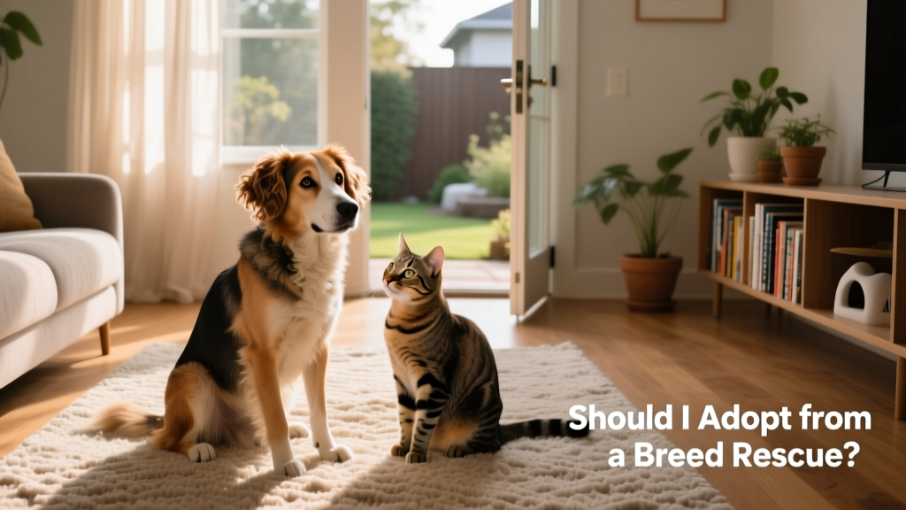 A happy adult dog and cat sitting side by side on a cozy living room rug, both looking calm and friendly